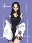  1girl black_dress black_hair blue_eyes choker commentary_request cowboy_shot dress highres inu_draw jacket light_smile long_hair looking_at_viewer nico_robin one_piece purple_background solo 