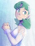  1girl blue_dress choker detached_sleeves dress green_eyes green_hair kris_(pokemon) kris_(sygna_suit)_(pokemon) official_alternate_costume own_hands_together pokemon pokemon_masters_ex random_minty solo upper_body white_choker 