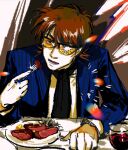  1boy alcohol black-framed_eyewear black_scarf blue_jacket brown_eyes brown_hair cup drinking_glass eating food fork hair_between_eyes holding holding_fork hyoudou_kazuya jacket kaiji leaning_forward looking_at_viewer lower_teeth_only male_focus medium_bangs open_mouth over-rim_eyewear partially_opaque_sunglasses plate scarf semi-rimless_eyewear short_hair solo steak striped_clothes striped_jacket sunglasses teeth tinted_eyewear upper_body wine wine_glass yellow-tinted_eyewear zvz_(tt82295946) 