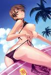  absurdres ass bikini bikini_lift bikini_pull bikini_tan breasts brown_hair butt_crack cloud crotch_rub day happoubi_jin highres kuouzumiaiginsusutakeizumonokamimeichoujin_mika looking_back medium_breasts nipples palm_tree parted_lips pulled_by_self resort_boin side-tie_bikini sky solo surfboard swimsuit tan tanline tree untied wet 