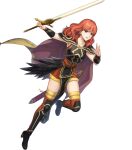  1girl attack black_footwear boots breasts cape celica_(fire_emblem) celica_(warrior_princess)_(fire_emblem) celica_(warrior_princess)_(resplendent)_(fire_emblem) fire_emblem fire_emblem_echoes:_shadows_of_valentia fire_emblem_heroes highres holding holding_sword holding_weapon medium_breasts medium_hair non-web_source official_alternate_costume official_art pelvic_curtain red_eyes red_hair running shoulder_pads solo sword teeth thigh_boots wavy_hair weapon yellow_cape 