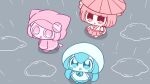  3girls :o amedama_(vocaloid) aqua_eyes aqua_hair aqua_leggings aqua_ribbon arms_at_sides blunt_bangs blunt_ends chibi chibi_only dress hairpods hatsune_miku holding holding_umbrella hood hooded_dress hooded_jacket jacket long_hair long_sleeves looking_at_another looking_at_viewer multiple_girls neck_ribbon no_shoes open_mouth pepoyo pink_eyes pink_hair pink_hood pink_jacket poyoroid puddle rain red_eyes red_hair red_skirt red_umbrella ribbon short_hair skirt swept_bangs tail umbrella utau vocaloid vy1 white_dress white_hood 