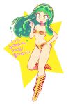  1girl animal_print batrobin_k bikini breasts cone_horns fur_bikini green_eyes green_hair highres horns long_hair lum navel oni print_footwear small_breasts small_horns solo star_(symbol) strapless strapless_bikini swimsuit tiger_panties tiger_print urusei_yatsura yellow_bikini yellow_horns 