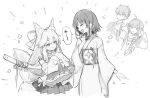  1boy 1other 2girls ? animal_ear_fluff animal_ears blush closed_mouth facing_another fate/samurai_remnant fate_(series) fox_ears fox_tail greyscale japanese_clothes jitome kimono long_hair long_sleeves looking_at_another miyamoto_iori_(fate) monochrome multiple_girls ogasawara_kaya open_mouth pleated_skirt sash short_hair simple_background skirt sleeve_bow sleeves_past_fingers sleeves_past_wrists smile speech_bubble sword tail tamamo_(fate) tamamo_aria_(fate) weapon weapon_on_back wide_sleeves yamato_takeru_(fate) yuui1994 