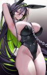  animal_ears bare_legs black_hair black_leotard covered_navel cuffs detached_collar fake_animal_ears fake_tail feet_out_of_frame goddess_of_victory:_nikke gradient_background green_hair guilty_(nikke) highleg highleg_leotard highres leotard mikan03_26 multicolored_hair no_bra no_panties playboy_bunny pole purple_eyes rabbit_ears rabbit_tail shackles strapless strapless_leotard stripper_pole tail two-tone_hair wrist_cuffs 