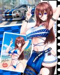  1girl 2_fast_2_furious animal_ears arm_strap armpits bike_shorts_under_skirt bikini black_thighhighs blue_bikini blue_eyes blue_skirt brown_hair car cat_ears cropped_shirt english_commentary fake_animal_ears go-toubun_no_hanayome hair_behind_ear hair_between_eyes highres imrinzlergtz_art lipstick_mark looking_at_viewer midriff motor_vehicle nakano_miku navel nissan nissan_skyline nissan_skyline_gt-r nissan_skyline_r34 photo_(object) shadow shirt skindentation skirt spoiler_(automobile) swimsuit the_fast_and_the_furious thighhighs twitter_username v vehicle_focus white_shirt 