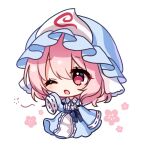  1girl ;o blue_headwear blue_kimono chibi commentary flower full_body hat highres japanese_clothes kimono long_sleeves looking_at_viewer mob_cap one_eye_closed open_mouth pink_eyes pink_flower pink_hair pudding_(skymint_028) saigyouji_yuyuko sash short_hair solo symbol-only_commentary touhou triangular_headpiece 