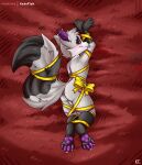 absurd_res anthro arms_tied azzy_the_trash_panda balls bed blush bound butt ear_piercing flirting furniture genitals grey_body hi_res katxfish legs_tied lying male mammal nude pawpads paws piercing procyonid raccoon raised_tail rear_view solo tail tongue tongue_out