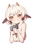  1girl animal_ears bare_shoulders blush brown_eyes cropped_torso eyebrows_hidden_by_hair grin hammer holding holding_hammer horns konbu_(hida123) lamball looking_at_viewer palworld personification sheep_ears sheep_girl sheep_horns simple_background smile solo thick_eyebrows upper_body white_background white_hair 