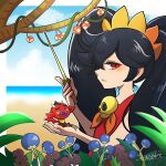  1boy 1girl ashley_(warioware) beach berry black_hair blue_sky demon dress fangs highres holding holding_wand long_hair ocean omu_(sinsindan) open_mouth parted_lips red_(warioware) red_dress red_eyes skull_ornament sky twintails wand warioware warioware:_move_it! 