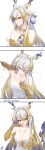 1girl absurdres arknights arrow_(symbol) bare_shoulders blue_eyes blue_hair blush branch breasts brown_hair closed_eyes closed_mouth collarbone commentary_request dragon_girl dragon_horns dragon_tail earrings grey_hair hair_between_eyes hair_intakes hands_up heart highres horns jewelry lolifreak long_hair multicolored_hair pointy_ears saliva saliva_trail shu_(arknights) small_breasts smile strapless tail twitter_username two-tone_hair undressing very_long_hair 