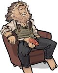 alpha_channel anthro armchair balls biped bodily_fluids bottomwear chair clothed clothing felid fingers furniture genital_fluids genitals glans humanoid_genitalia humanoid_penis jam_(artist) lion male mammal mane pantherine pants penis precum shirt simple_background solo topwear transparent_background