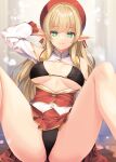  bikini black_bikini blonde_hair breasts covered_nipples elf green_eyes hat holding holding_clothes holding_hat kirishima_satoshi large_breasts long_hair looking_at_viewer open_clothes original pointy_ears sitting smile spread_legs swimsuit underwear 