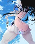  1girl absurdres ass black_hair blue_sky breasts day elbow_gloves facing_away from_behind gloves highres junketsu katana kill_la_kill kiryuuin_satsuki limn044 long_hair revealing_clothes shiny_skin sky solo spread_legs standing sword thighhighs weapon 