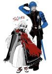  1boy 1girl ? arm_behind_back belt blue_eyes blue_hair cape character_name crossover fangs fate/grand_order fate_(series) fingerless_gloves full_body gloves hacchou_nenbutsu_(touken_ranbu) highres japanese_clothes katana limited_palette long_hair looking_at_viewer red_cape saika_magoichi_(fate) sandals short_hair simple_background skirt smile sword tabi thigh_belt thigh_strap touken_ranbu v weapon white_background yamator10t 