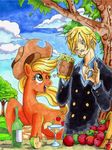  &lt;3 apple applejack_(mlp) blonde_hair blue_eyes cloud clouds crossover cup cutie_mark duo equine facial_hair female feral freckles friendship_is_magic fruit green_eyes hair horse human irie-mangastudios mammal mug my_little_pony one_eye_closed one_piece open_mouth outside pony sanji_(one_piece) table tree wink 