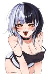  1girl absurdres black_hair blunt_bangs blush breasts chocolate choker cleavage grey_hair highres hololive hololive_english keisea large_breasts long_hair looking_at_viewer multicolored_hair pov saliva shiori_novella smile solo split-color_hair teeth tongue two-tone_hair upper_teeth_only virtual_youtuber yellow_eyes 