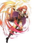  1girl attack black_footwear boots breasts cape celica_(fire_emblem) celica_(warrior_princess)_(fire_emblem) celica_(warrior_princess)_(resplendent)_(fire_emblem) fire_emblem fire_emblem_echoes:_shadows_of_valentia fire_emblem_heroes glowing glowing_weapon highres holding holding_sword holding_weapon medium_breasts medium_hair non-web_source official_alternate_costume official_art open_mouth pelvic_curtain red_eyes red_hair running shoulder_pads solo sword thigh_boots wavy_hair weapon yellow_cape 