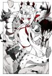  1girl bikini border braid chalice criss-cross_halter crown cup debris dragon_claw dragon_tail fate/grand_order fate/grand_order_arcade fate_(series) flat_chest greyscale halterneck highres looking_at_viewer monochrome navel nero_claudius_(fate) queen_draco_(fate) queen_draco_(second_ascension)_(fate) red_bikini red_eyes red_theme short_hair smile solo spot_color swimsuit tail white_border yuui1994 