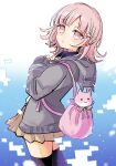  1girl animal_bag breasts brown_hair brown_skirt cat_bag danganronpa_(series) danganronpa_2:_goodbye_despair flipped_hair hair_ornament highres hood jacket long_sleeves looking_at_viewer medium_hair nanami_chiaki neck_ribbon open_clothes open_jacket pink_bag pink_eyes pleated_skirt ribbon skirt solo spaceship_hair_ornament thighhighs 