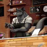 absurd_res anthro beverage canid canine canis clothed clothing coffee coffee_shop complex_shading digital_media_(artwork) english_text hair hi_res male mammal muscular shaded shieradevil smile solo solo_focus tearing_clothing teeth text torn_clothing were werecanid werecanine werewolf wolf