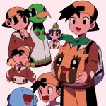  1boy 1girl backpack backwards_hat bag baseball_cap black_eyes black_headwear closed_mouth cyndaquil ethan_(pokemon) grey_bag hand_up hat holding holding_pokemon jacket kris_(pokemon) long_sleeves multiple_views natu on_head open_clothes open_jacket pokemon pokemon_(creature) pokemon_gsc pokemon_on_head quagsire red_jacket red_shirt shirt shorts sunkern twintails tyako_089 white_background white_jacket xatu yellow_headwear yellow_shorts 