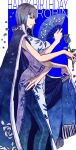  1girl absurdres blue_eyes blue_flower blue_nails blue_rose blueeblin blunt_bangs cape character_name commentary_request dress extra_arms flower hand_fan happy_birthday highres holding holding_flower light_smile nico_robin one_piece pants petals profile rose solo 