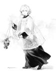  1boy androgynous cassock censer chain child christianity commentary full_body greyscale hair_over_one_eye highres holding lace-trimmed_sleeves lace_trim layered_clothes long_sleeves looking_at_viewer monochrome original robe shoes short_hair smoke solo standing swept_bangs symbol-only_commentary walking yayayoshi 