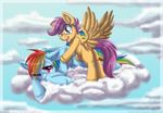  blue_fur cloud clouds cub duo equine female feral friendship_is_magic fur hair horse inuhoshi-to-darkpen mammal multi-colored_hair my_little_pony one_eye_closed orange_fur pegasus pony purple_eyes purple_hair rainbow_dash_(mlp) rainbow_hair scootaloo_(mlp) sky wings young 