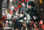  2boys absurdres akechi_gorou amamiya_ren ameinu black_hair black_suit board_game brown_eyes brown_hair calling_card chair chess chessboard floating_card gloves grey_eyes highres holding_chess_piece indoors looking_at_viewer military_uniform multiple_boys night persona persona_5 red_gloves short_hair sitting smile suit table too_many_cards uniform very_short_hair white_suit window 