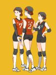  3girls ball bandaged_fingers bandaged_wrist bandages black_eyes black_hair detached_sleeves elbow_pads facing_away hand_on_own_hip headband highres holding holding_ball knee_pads kneehighs looking_ahead looking_to_the_side multiple_girls original pixie_cut profile shoes shokugyo short_hair shorts sleeveless sneakers socks sportswear volleyball volleyball_uniform yellow_background 