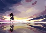  absurdres barefoot dress from_behind highres horizon long_hair original outstretched_arms reflection solo sunset tianyu_jifeng water 