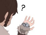  1girl ? brown_hair from_behind fur_collar hand_up hashtag_only_commentary highres ice looking_down melting palworld player_character_(palworld) sidelocks simple_background teasmacker upper_body white_background 