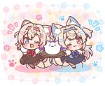  2girls :3 animal_ear_fluff animal_ears blonde_hair blue_eyes blue_hair breasts chibi closed_mouth dog_ears dog_girl fuwawa_abyssgard hair_ornament highres hololive hololive_english long_hair mitarashi_neko mococo_abyssgard multicolored_hair multiple_girls one_eye_closed open_mouth perroccino_(fuwamoco) pink_eyes pink_hair short_hair siblings sisters smile streaked_hair twins two_side_up virtual_youtuber 
