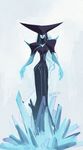  armor black_dress blue_skin braid covered_eyes dress helmet helmet_over_eyes ice_crystal inkinesss league_of_legends lissandra long_hair pauldrons single_braid slender_waist solo spikes very_long_hair white_hair 