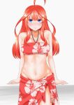  1girl ahoge bandeau bikini blue_eyes blush breasts closed_mouth commentary_request embarrassed floral_print frown go-toubun_no_hanayome groin hair_ornament halterneck highres hofumaso huge_ahoge large_breasts light_frown long_hair looking_at_viewer nakano_itsuki navel print_bikini red_bikini red_hair red_sarong sarong scowl simple_background solo star_(symbol) star_hair_ornament swimsuit 
