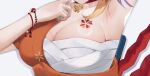  1girl absurdres arm_up armpits bandages breasts chest_sarashi chest_tattoo choker cleavage commentary genshin_impact hand_up head_out_of_frame highres japanese_clothes kimono large_breasts orange_kimono red_choker sarashi solo sylux tattoo yoimiya_(genshin_impact) 