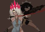  2girls armor arms_behind_back black_eyes black_hair blood borrowed_character breasts brown_background centurii-chan_(artist) closed_mouth dark-skinned_female dark_skin decapitation execution executioner_maid_(centuriic) freckles gauntlets hair_over_one_eye highres holding long_hair long_sleeves looking_up maid maid_headdress multiple_girls one_eye_covered open_mouth original ringed_eyes rope_around_neck scar scar_on_neck short_hair simple_background small_breasts smile solaria_(ebonyxh) sweat sword two-handed_sword weapon white_hair yellow_eyes 