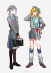  2girls absurdres alternate_costume alternate_hairstyle america_(hetalia) aqua_necktie axis_powers_hetalia bag bag_charm bespectacled black_footwear black_pantyhose blonde_hair blue_eyes blue_skirt blue_socks bow braid briefcase burger charm_(object) closed_mouth collared_shirt earrings flower food food_print full_body genderswap genderswap_(mtf) glasses green_necktie grey_background grey_footwear grey_hair grey_headwear grey_jacket grey_skirt hair_bow hair_over_shoulder hair_ribbon hand_on_own_head hand_on_own_hip hand_up hat highres holding holding_bag jacket jewelry kneehighs lanyard layered_legwear lipstick lirensheng loafers long_hair looking_at_viewer loose_socks makeup miniskirt multiple_girls necktie open_clothes open_jacket own_hands_together pantyhose pleated_skirt polka_dot polka_dot_ribbon purple_bow purple_eyes ribbon russia_(hetalia) school_briefcase school_uniform shirt shirt_tucked_in shoes side-tie_skirt side_ponytail simple_background single_braid skirt sleeves_past_wrists smile socks standing star_(symbol) star_earrings striped_necktie stuffed_polar_bear sunflower two-tone_skirt v_arms weibo_logo weibo_username white_shirt white_socks 