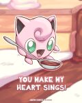  :d blurry blurry_background chocolate commentary english_text green_eyes highres jigglypuff kelvin-trainerk looking_down no_humans open_mouth pokemon pokemon_(creature) smile solo spoon tongue twitter_username watermark 