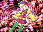  ascot blonde_hair bow eyeball fal_(falketto) fang flandre_scarlet fusion hat komeiji_koishi long_sleeves miniskirt open_mouth red_eyes ribbon short_hair skirt sleeves_past_wrists smile solo thighhighs third_eye touhou wings zettai_ryouiki 