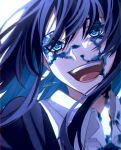  1girl ado_(utaite) blue_eyes blue_hair chando_(ado) cloud_nine_inc collared_shirt commentary_request floating_hair highres keeko_(kk_0012) long_hair looking_at_viewer mole mole_under_eye open_mouth paint_on_clothes paint_splatter paint_splatter_on_face shirt signature solo teeth upper_teeth_only utaite white_background white_shirt 