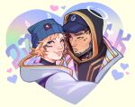  1boy 1girl apex_legends baseball_cap beanie black_eyes black_hoodie blue_headwear blush brown_hair crypto_(apex_legends) drawn_halo drawn_horns electric_incognito_wattson english_commentary halo hat heart hetero highres hood hood_down hood_up hooded_jacket hoodie jacket lightning_bolt_symbol lila_(lilakeylk) looking_at_viewer looking_to_the_side low_profile_crypto official_alternate_costume parted_lips pink_lips wattson_(apex_legends) white_jacket 