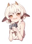  1girl animal_ears bare_shoulders blush brown_eyes cropped_torso drooling eyebrows_hidden_by_hair hammer heart heart-shaped_pupils holding holding_hammer horns konbu_(hida123) lamball looking_at_viewer mouth_drool open_mouth palworld personification sheep_ears sheep_girl sheep_horns simple_background smile solo symbol-shaped_pupils thick_eyebrows upper_body white_background white_hair 