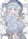  1girl @_@ bandaid bandaid_on_knee bandaid_on_leg blonde_hair blue_headwear blue_jacket bow buttons commentary english_commentary feet_out_of_frame flower frilled_jacket frilled_pillow frills gauze gauze_on_leg hair_flower hair_ornament hand_to_own_mouth hand_up hat highres holding holding_pillow jacket long_hair long_sleeves looking_at_viewer nightcap original outside_border pajamas parted_lips pillow plant purple_eyes sleep_mask sleeves_past_wrists solo soresaki uneven_eyes vines wavy_hair white_bow white_flower 
