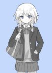  144udy 1girl absurdres alternate_costume bag black_jacket blazer blue_eyes bow bowtie braid buttons closed_mouth collared_shirt cowboy_shot expressionless greyscale_with_colored_background hair_bow hand_in_pocket highres holding_strap izayoi_sakuya jacket light_blush looking_at_viewer medium_hair pleated_skirt purple_background school_bag school_uniform shirt simple_background skirt solo spot_color standing straight-on sweater_vest touhou twin_braids undershirt 