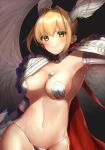  1girl armpits blonde_hair blush breasts closed_mouth eyebrows_visible_through_hair fate/extella fate/extra fate_(series) green_eyes head_wings highres looking_at_viewer medium_breasts navel nero_claudius_(fate) nero_claudius_(fate)_(all) saber_venus short_hair smile solo white_wings wings yayoimaka03 