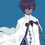  1boy arjuna_(fate) black_eyes black_hair blue_background cape closed_mouth dark-skinned_male dark_skin expressionless fate/grand_order fate_(series) hair_between_eyes highres kaigan0211 looking_at_viewer male_focus short_hair simple_background solo tabard upper_body white_cape 