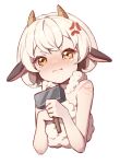  1girl :i anger_vein animal_ears bare_shoulders blush brown_eyes closed_mouth cropped_torso eyebrows_hidden_by_hair hammer holding holding_hammer horns konbu_(hida123) lamball looking_at_viewer nose_blush palworld personification pout sheep_ears sheep_girl sheep_horns simple_background solo tears thick_eyebrows upper_body white_background white_hair 