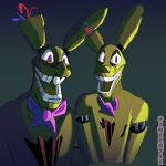 absurd_res anthro bow_(feature) duo five_nights_at_freddy&#039;s five_nights_at_freddy&#039;s_3 grey_background hi_res human invalid_tag looking_at_viewer looking_down male mammal mechtal open_mouth scottgames simple_background smile solo spring_bonnie_(fnaf) springtrap_(fnaf) wire